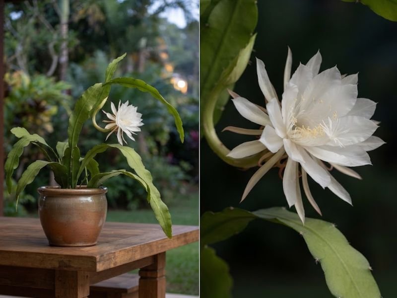 Cacto dama da noite florido em vaso sobre mesa de madeira e aproximação da grande flor branca.