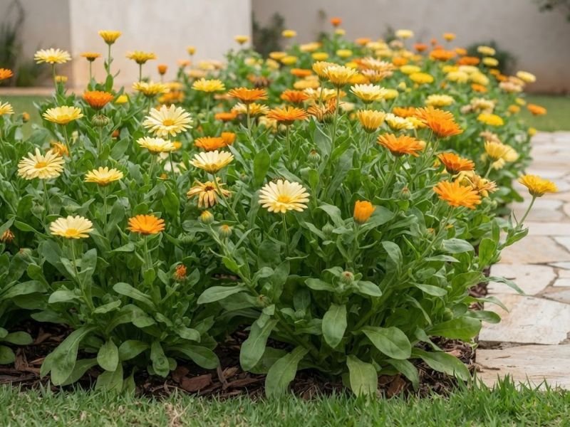 Calêndulas amarelas e alaranjadas com folhagem verde abundante em canteiro ensolarado de jardim residencial.