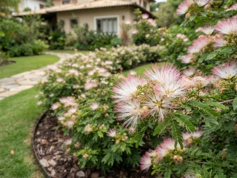 Caliandra rosada com inflorescências delicadas em formato de pompom e folhagem composta em canteiro ornamental.