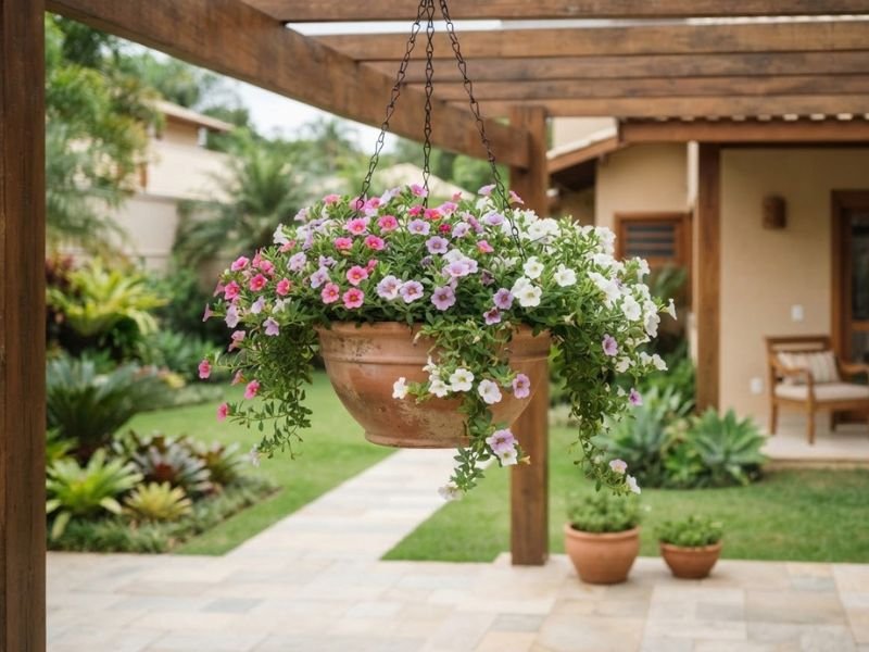 Calibrachoa com pequenas flores e ramos pendentes em vaso suspenso sob pergolado