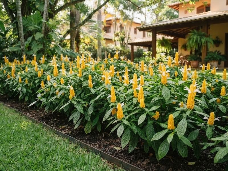 Camarão amarelo com espigas douradas e pequenas flores brancas em canteiro residencial com várias mudas.