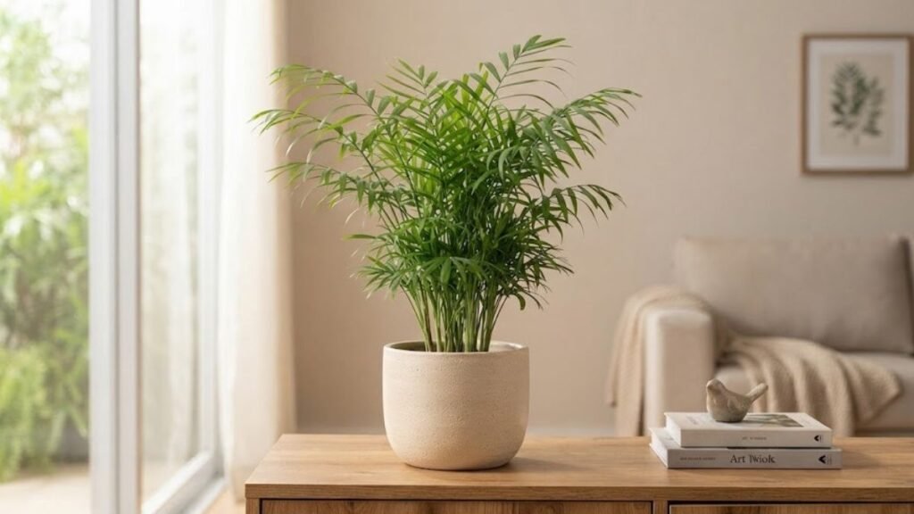 Camedórea elegante em vaso de cerâmica sobre aparador de madeira, com folhas verdes finas e arqueadas em sala iluminada.