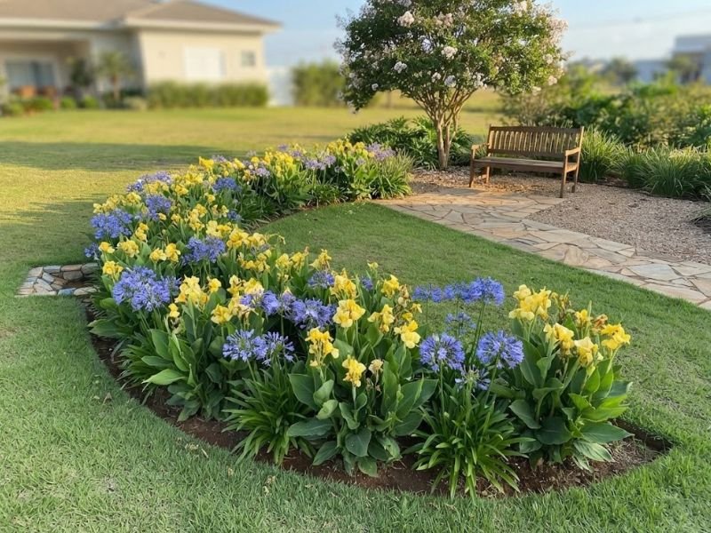 Canteiro curvo de flores amarelas e azuis ao lado de caminho, árvore florida e banco de madeira.