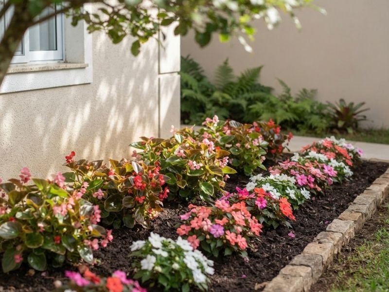 Canteiro florido recebendo luz filtrada em jardim residencial