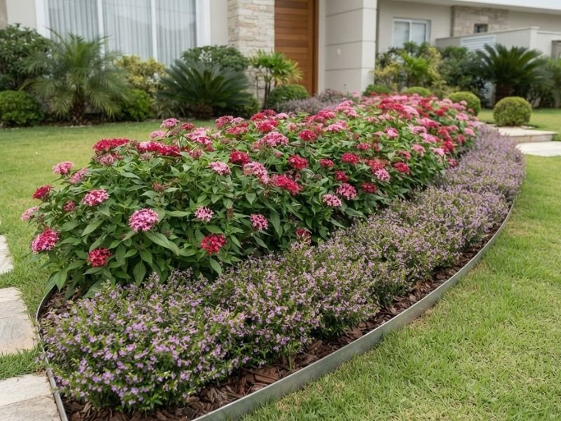Canteiro florido cheio e organizado com plantas de porte moderado