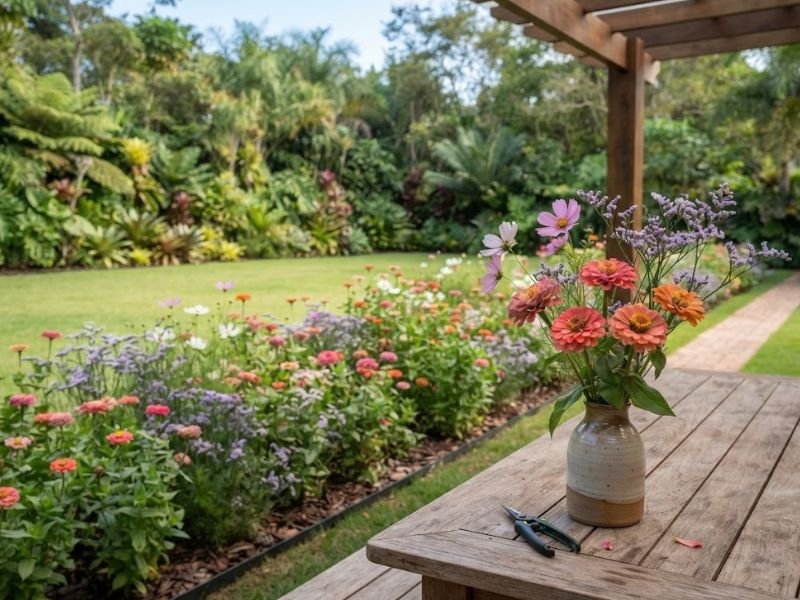 Arranjo de flores em mesa com canteiro ainda florido ao fundo