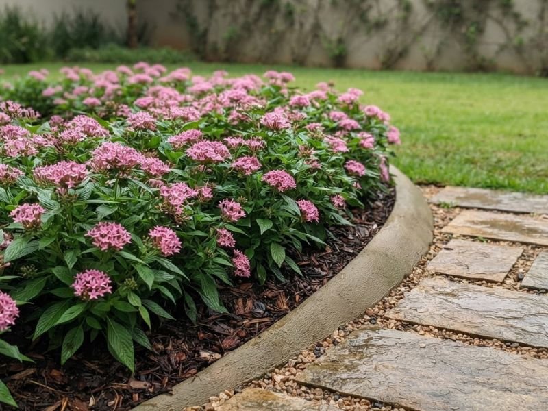 Canteiro de pentas rosadas ao lado de um caminho de pedras com juntas preenchidas por pedrisco.