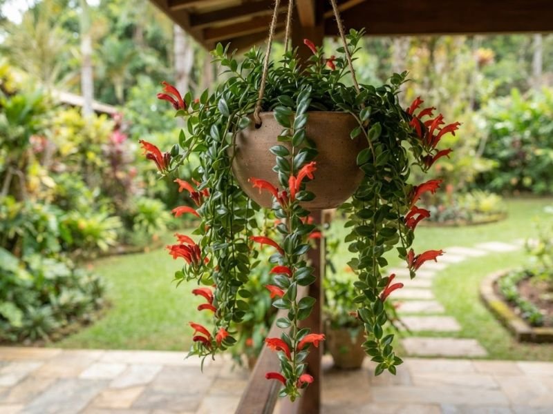 Planta ornamental de ramos pendentes com folhas verdes e flores tubulares vermelho-alaranjadas em vaso suspenso.