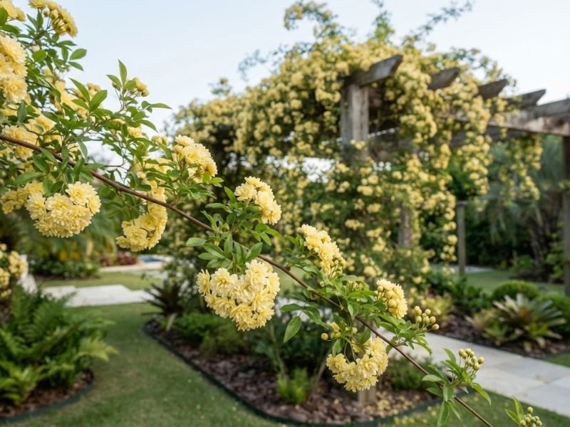 Flores, folhas e ramos finos da Rosa banksiae em detalhe