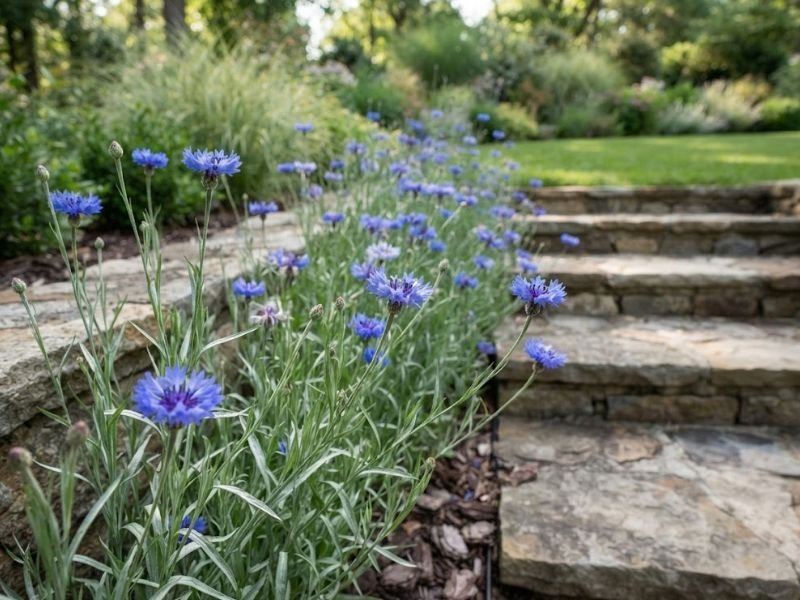 Centáureas azuis cultivadas junto a degraus de pedra no jardim