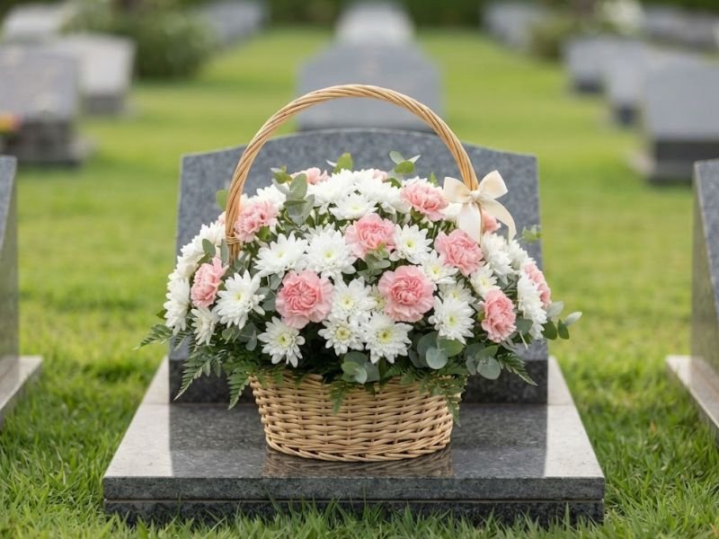 Cesta de vime com crisântemos brancos, cravos rosa-claro e laço creme sobre uma sepultura.
