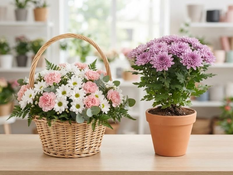 Cesta de flores brancas e rosas ao lado de um crisântemo lilás plantado em vaso, sobre bancada de floricultura.