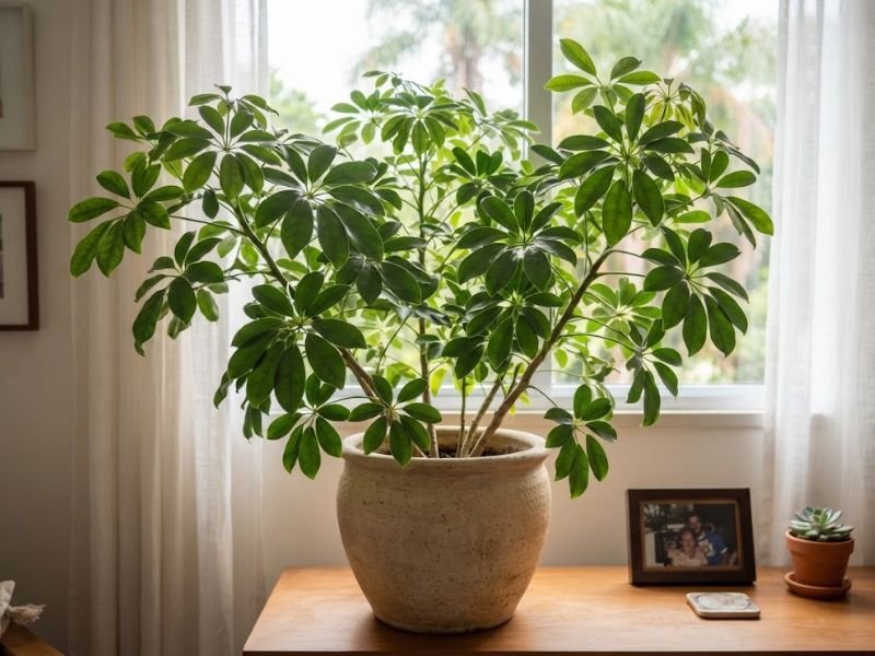 Cheflera anã verde em vaso bege sobre aparador próximo à janela, com folhas compostas em formato de guarda-chuva.