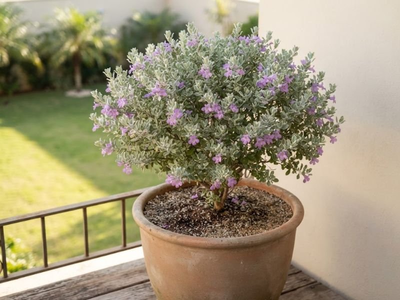 Arbusto de chuva de prata florido em vaso grande de cerâmica numa varanda ensolarada.