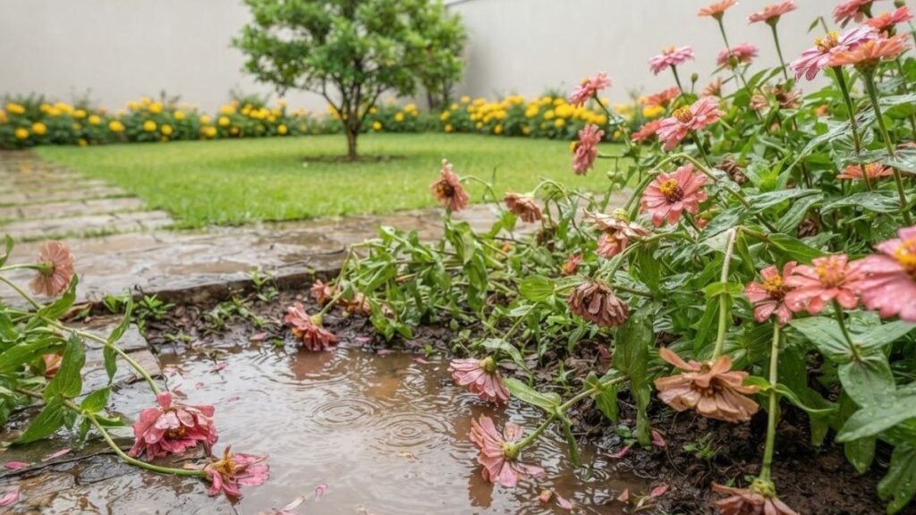 Chuvas fortes no jardim com canteiro alagado e zínias tombadas junto ao caminho de pedras.