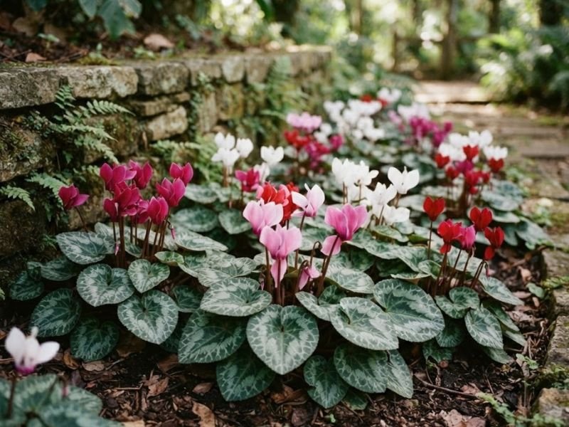 Ciclames rosas, brancos e vermelhos cultivados em canteiro protegido