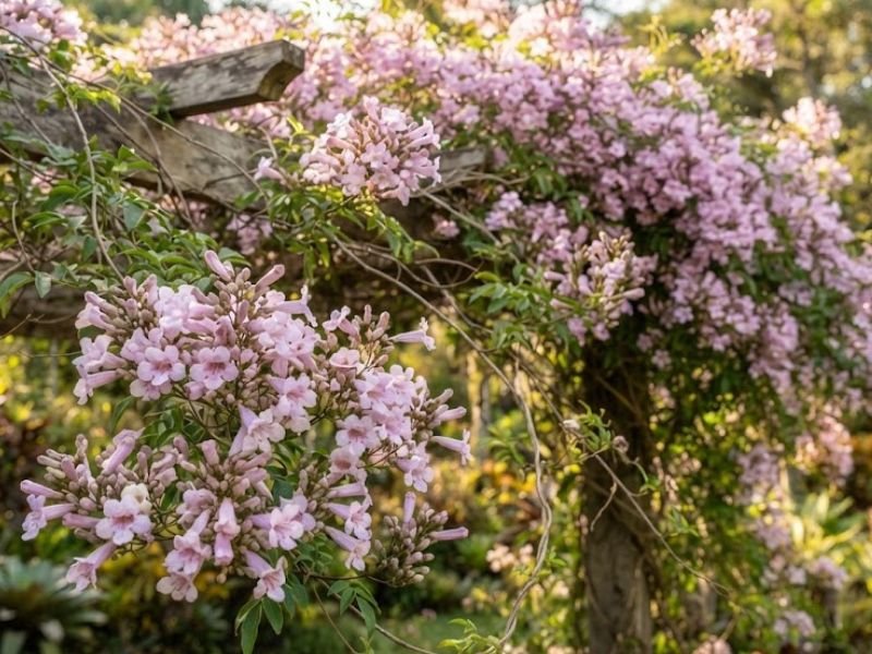 Cipó rosa com flores rosadas cobrindo parte de um pergolado