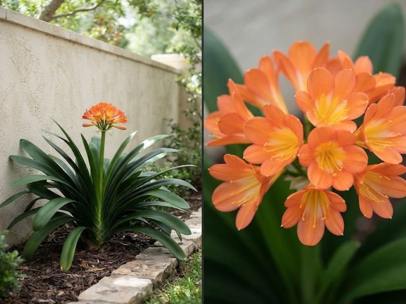 Clívia com folhas em leque junto a um muro e detalhe das flores alaranjadas com centro amarelo.