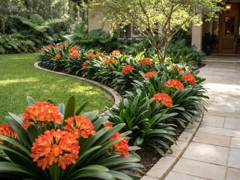 Clívias miniata com flores alaranjadas em canteiro de meia sombra