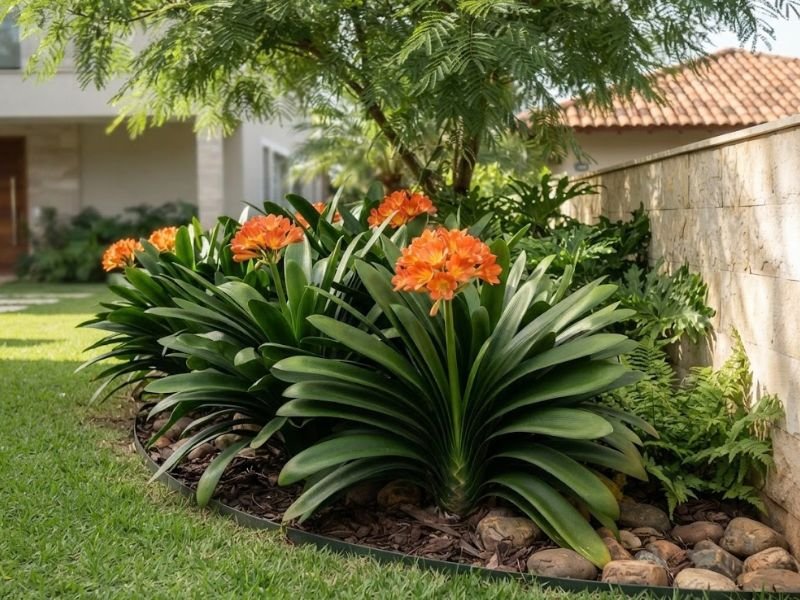 Clívia miniata com flores alaranjadas cultivada em canteiro com luz filtrada
