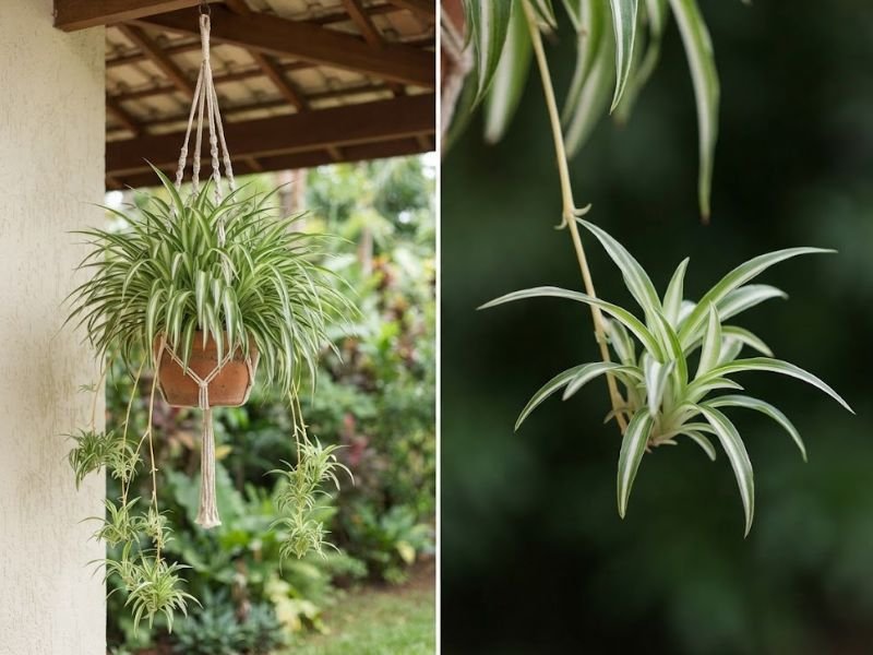 Clorofito em vaso suspenso com mudinhas pendentes e detalhe de uma muda ligada à haste da planta.