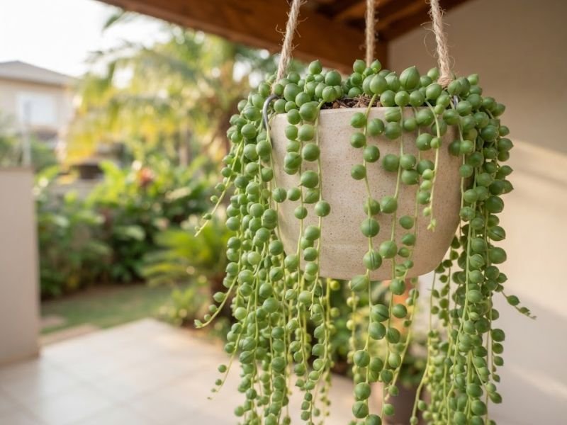 Colar de pérolas com folhas verdes arredondadas formando cascata em vaso suspenso