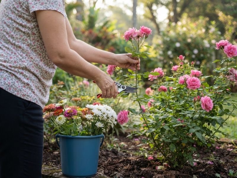 Pessoa posicionando uma tesoura de poda em um ramo de roseira, com um balde de flores colhidas ao lado.