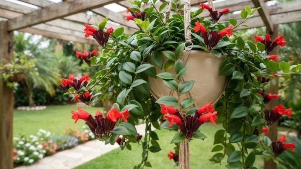 Columeia batom florida em vaso suspenso sob pérgola de madeira, com flores vermelhas e folhas verdes brilhantes.