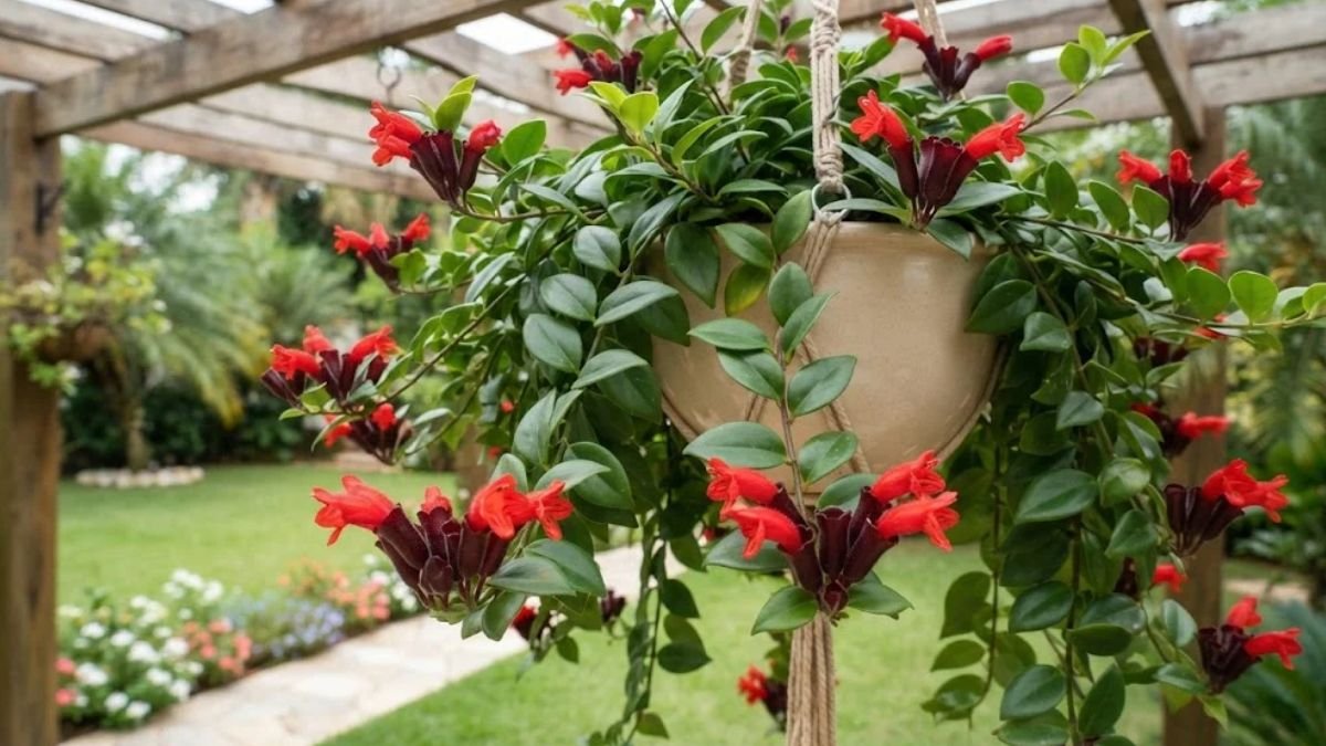 Columeia batom florida em vaso suspenso sob pérgola de madeira, com flores vermelhas e folhas verdes brilhantes.