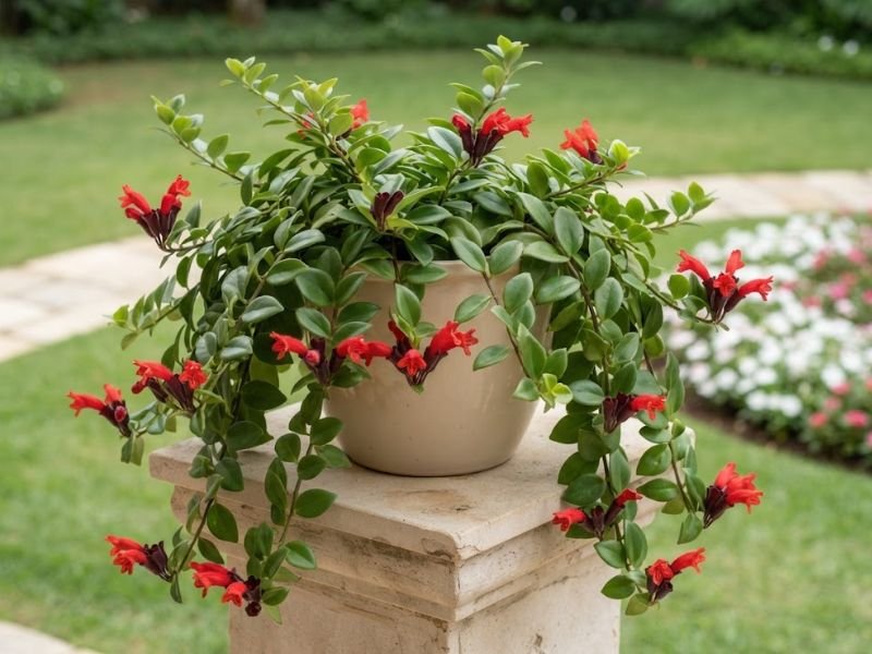 Columeia batom adulta florida em vaso sobre pedestal de pedra, com ramos pendentes e flores vermelhas no jardim.