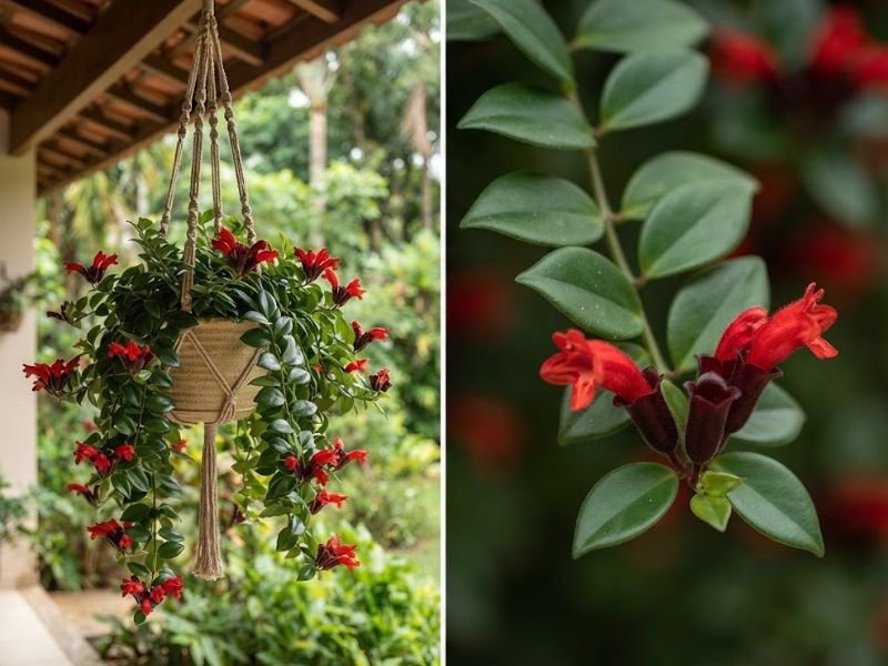 Columeia-batom em vaso suspenso e detalhe de um ramo com folhas verdes e flores tubulares vermelhas.