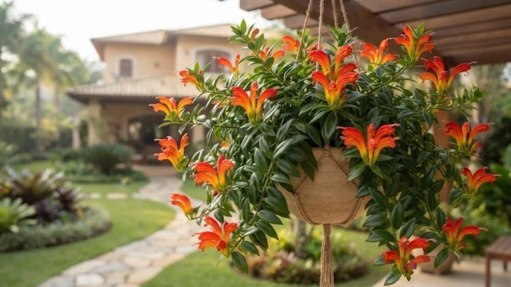 Columeia dragão florida em vaso suspenso, com flores alaranjadas e vermelhas diante de um jardim residencial.