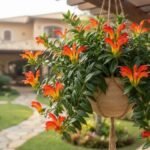 Columeia dragão florida em vaso suspenso, com flores alaranjadas e vermelhas diante de um jardim residencial.