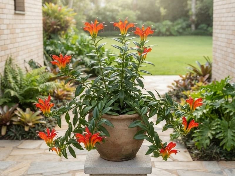 Columeia-dragão em vaso sobre pedestal de pedra, com ramos arqueados, folhas verdes e flores alaranjadas.