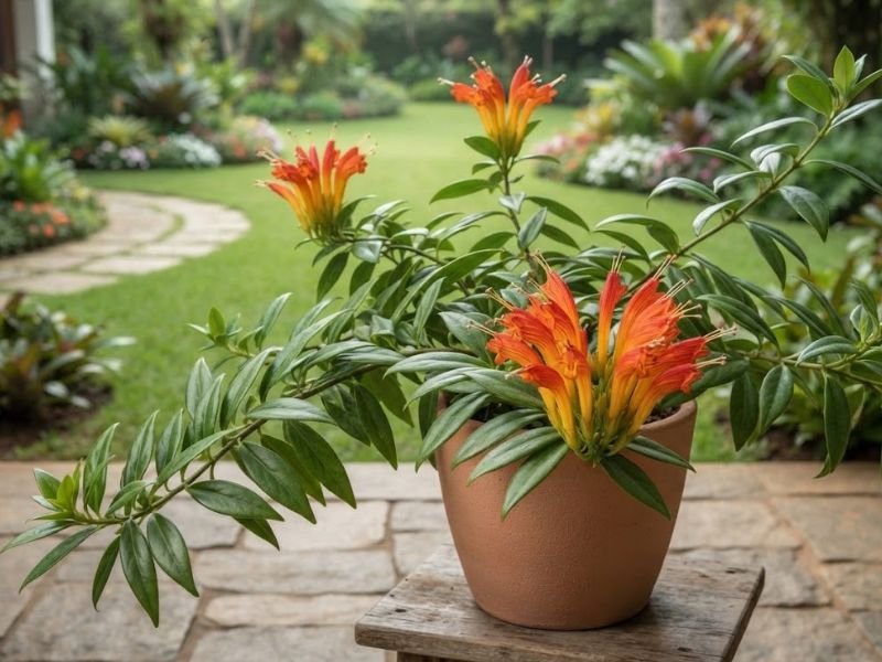 Columeia-dragão em vaso com flores tubulares agrupadas em tons de amarelo, laranja e vermelho.