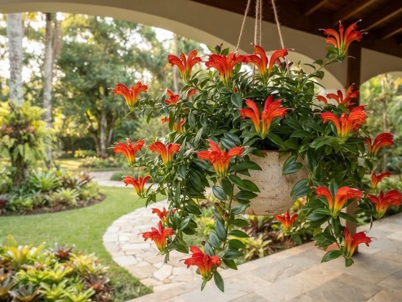 Columeia-dragão florida em vaso suspenso numa varanda, com ramos pendentes e jardim ornamental ao fundo.