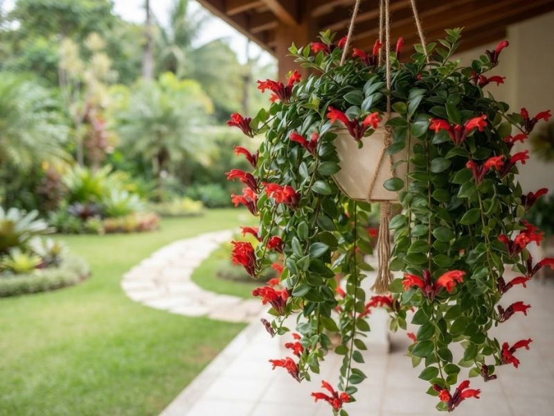 Columeia-batom florida formando uma cascata de folhas verdes e flores vermelhas em varanda residencial.