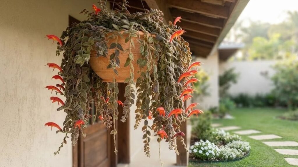 Columeia gloriosa florida em vaso suspenso, com folhas aveludadas, flores vermelho-alaranjadas e ramos pendentes em varanda com jardim.