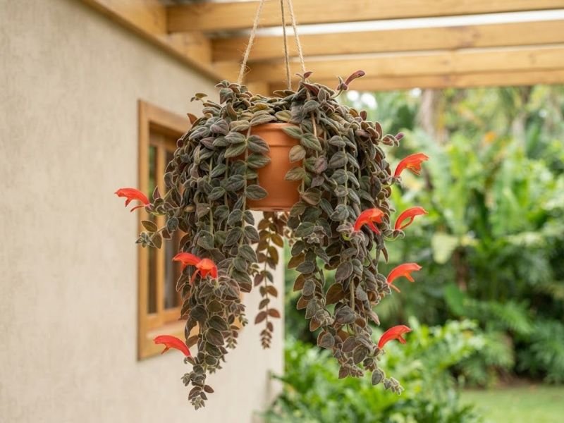 Columeia gloriosa em vaso suspenso de terracota, com ramos pendentes, folhas aveludadas bronzeadas e flores curvas vermelho-alaranjadas.