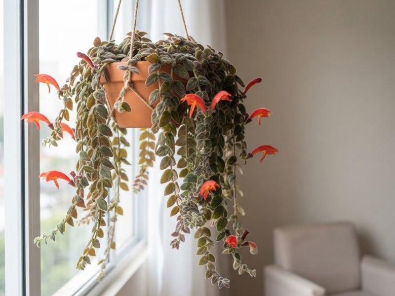 Columeia gloriosa florida em vaso suspenso perto de uma janela, com ramos pendentes e folhas aveludadas recebendo luz indireta.