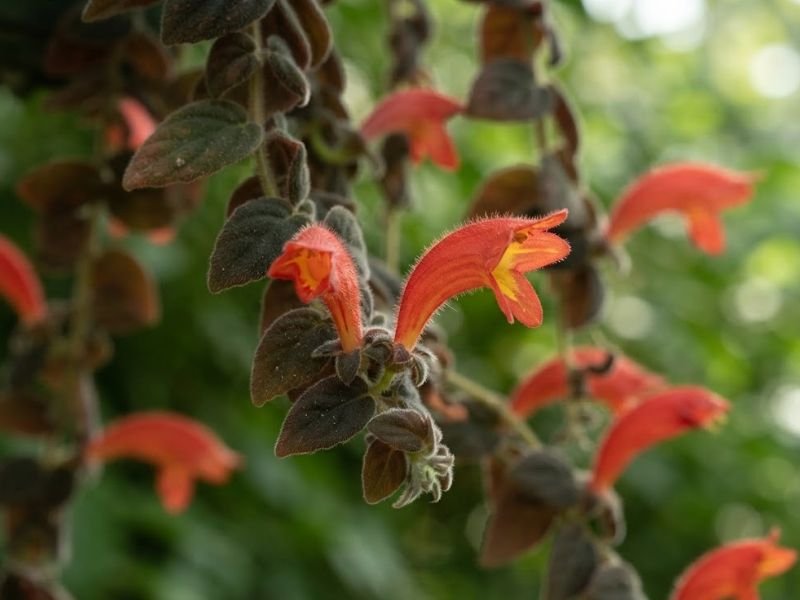 Flores vermelho-alaranjadas da columeia gloriosa em detalhe, com formato tubular curvo e garganta amarela entre folhas aveludadas.