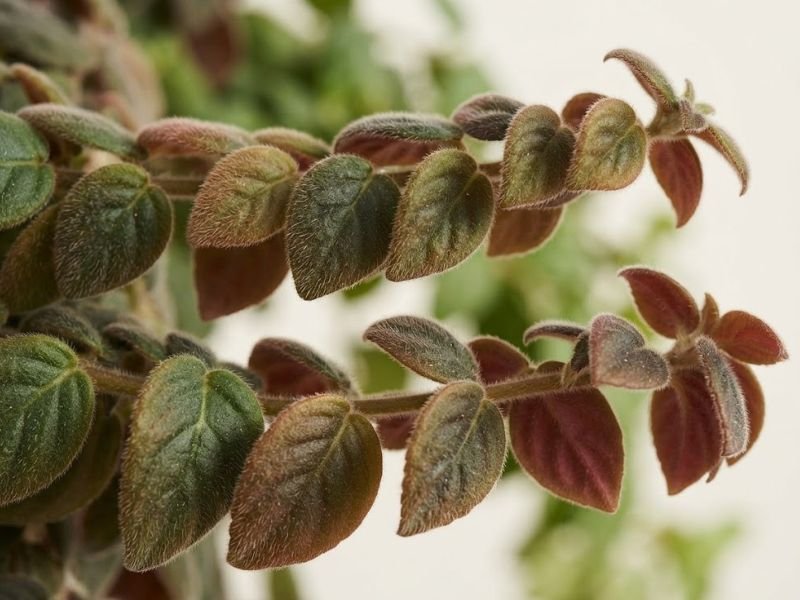 Detalhe das folhas aveludadas da columeia gloriosa, com pelos finos, formato oval e tonalidades verdes, bronzeadas e avermelhadas.