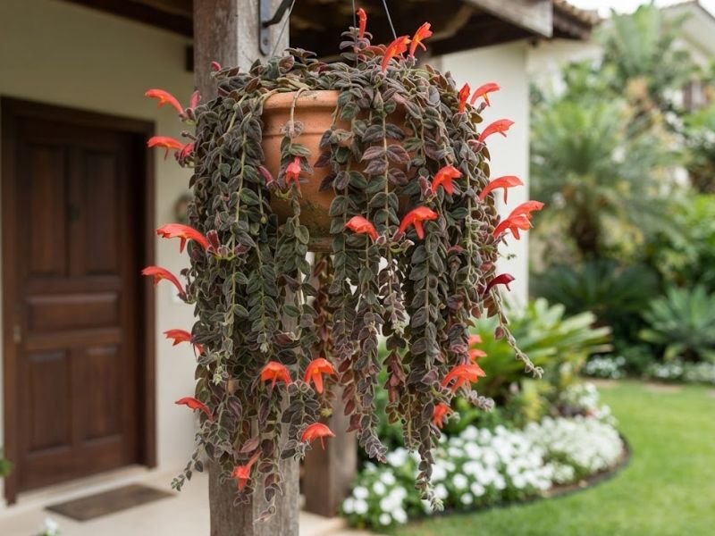 Columeia gloriosa florida em vaso suspenso na entrada de uma varanda, com ramos longos e folhas aveludadas diante de jardim bem cuidado.
