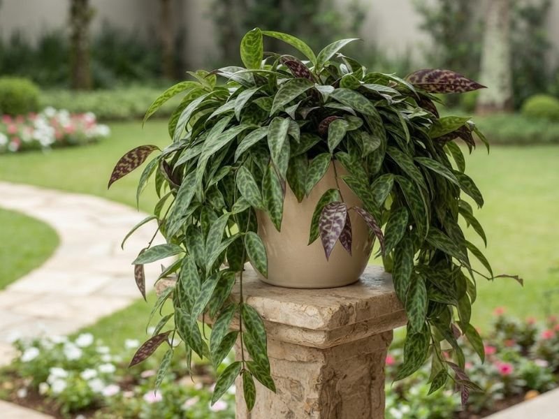 Columeia mármore adulta em vaso sobre pedestal de pedra, com folhagem volumosa, desenhos verdes e verso arroxeado.