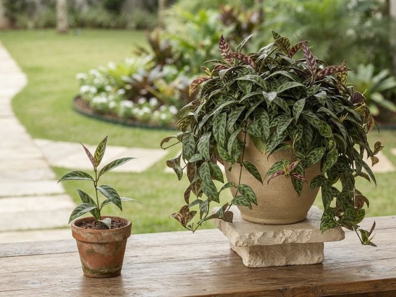 Muda jovem de columeia mármore em vaso pequeno ao lado de planta adulta com ramos pendentes e folhas marmorizadas.