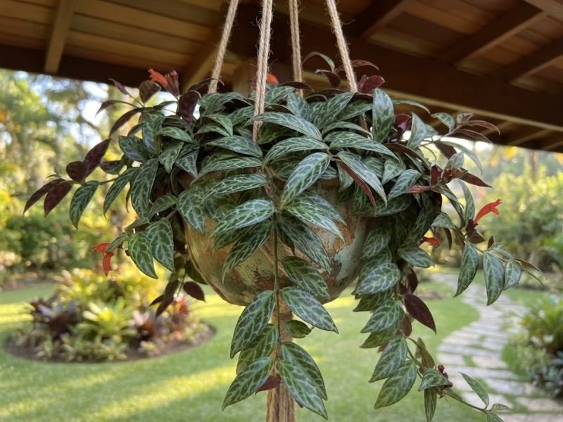 Columeia-marmurata com folhas verdes marmorizadas de desenhos claros e verso vinho em vaso suspenso.
