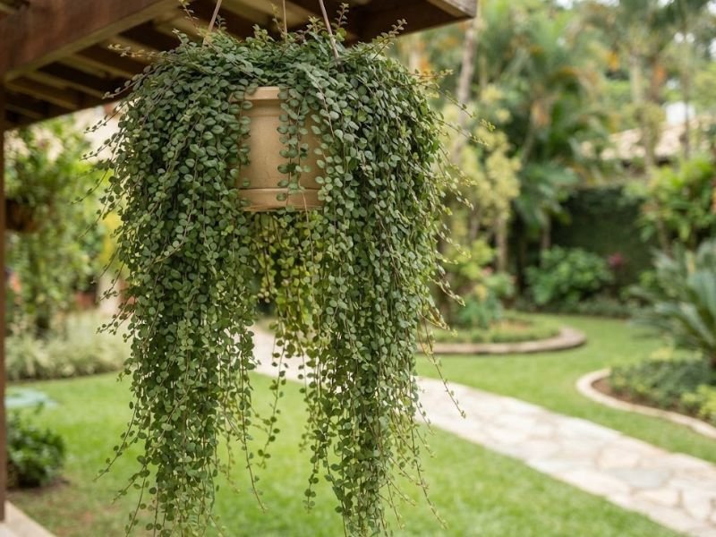 Columeia micrófila formando longa cascata de folhas verdes minúsculas em vaso suspenso, com jardim residencial ao fundo.