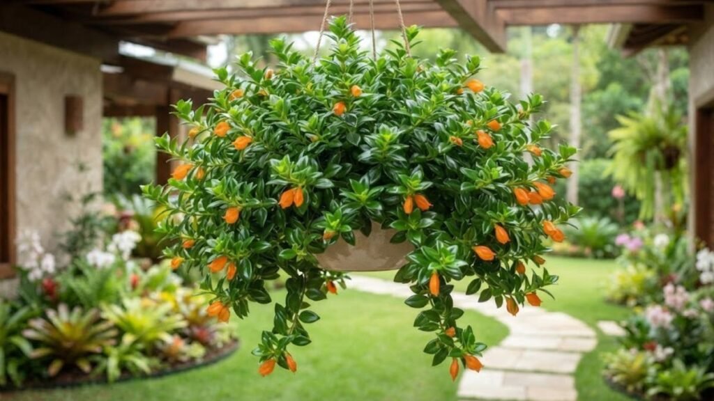 Columeia peixinho florida em vaso suspenso, com flores alaranjadas entre folhas verdes e jardim residencial ao fundo.