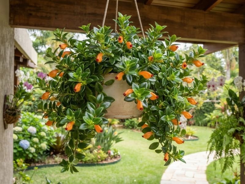 Columeia peixinho em vaso suspenso com ramos pendentes, folhas verdes brilhantes e flores alaranjadas.