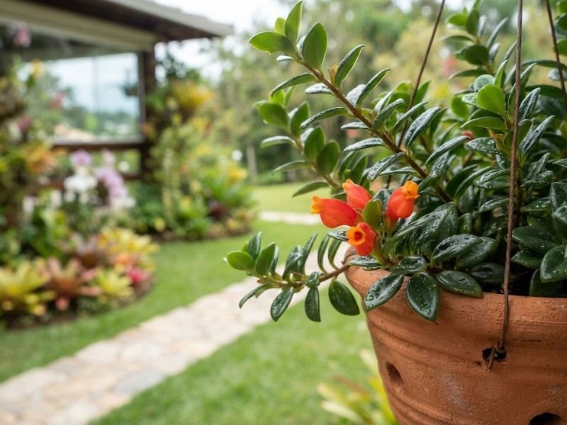 Columeia-peixinho em vaso suspenso com folhas verdes brilhantes e flores alaranjadas arredondadas.